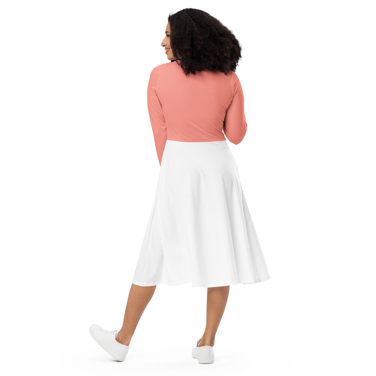 Pink-White All-over print long sleeve midi dress