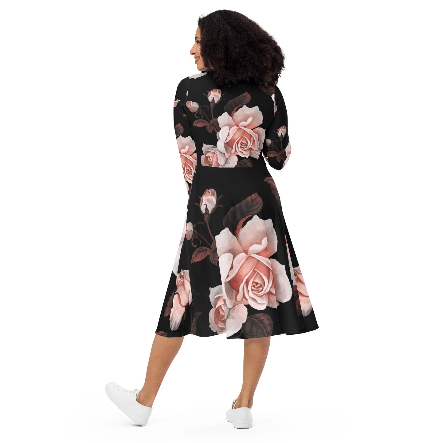 All-over print Flower long sleeve midi dress