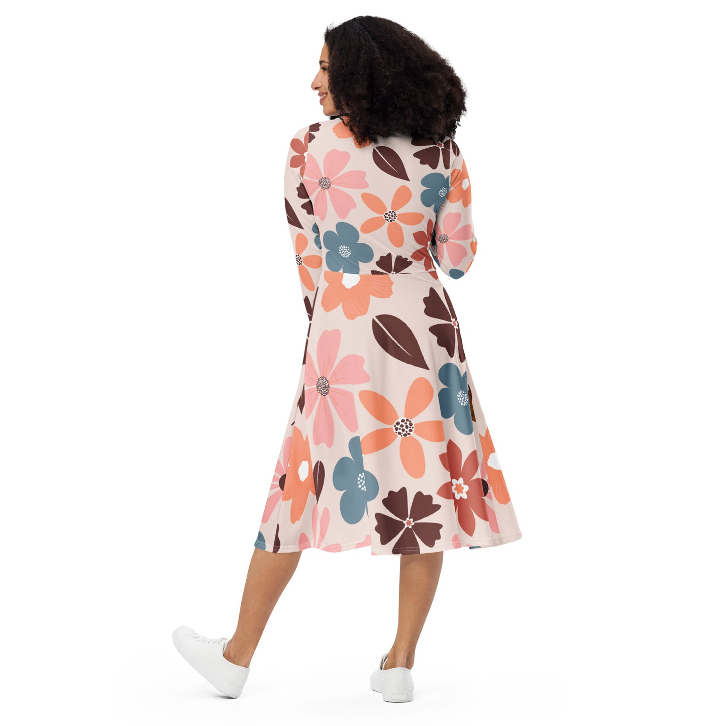 All-over print Floral Patern long sleeve midi dress$41.00