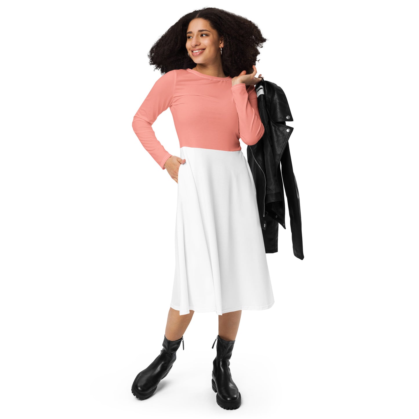 Pink-White All-over print long sleeve midi dress