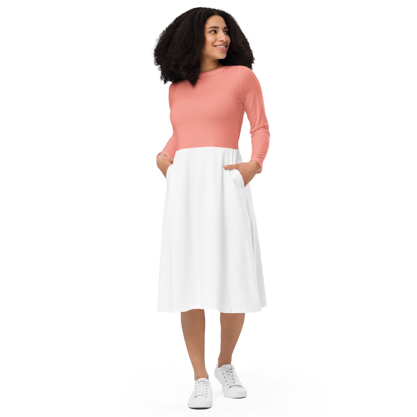Pink-White All-over print long sleeve midi dress