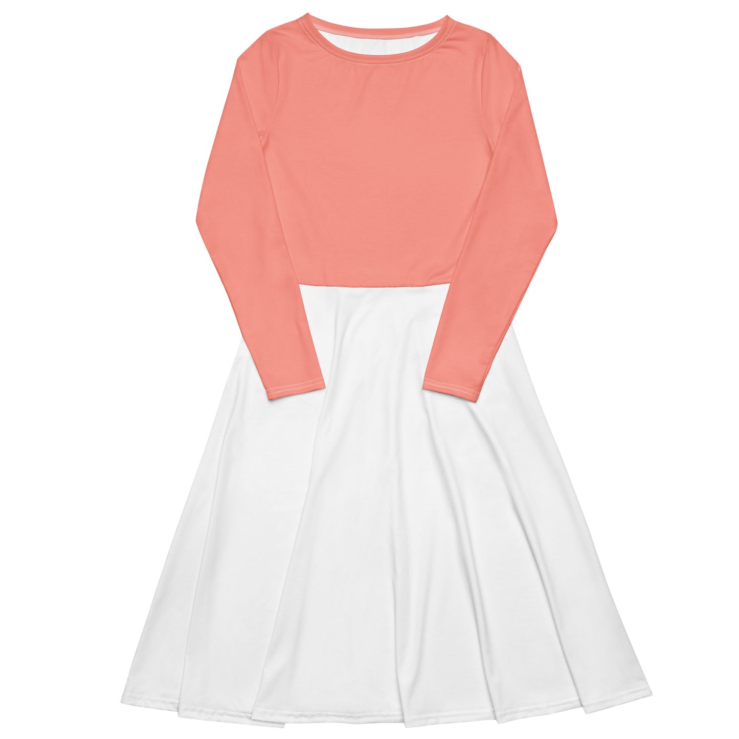 Pink-White All-over print long sleeve midi dress