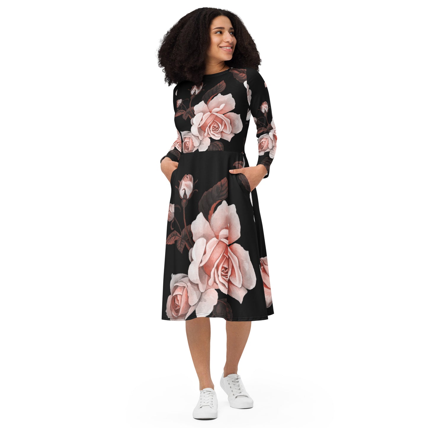 All-over print Flower long sleeve midi dress