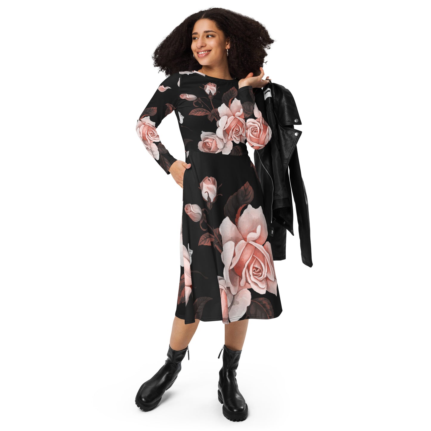 All-over print Flower long sleeve midi dress