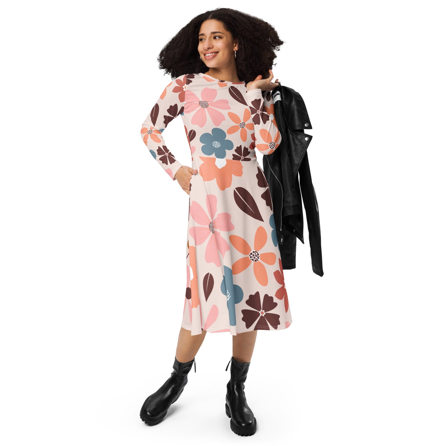 All-over print Floral Patern long sleeve midi dress$41.00