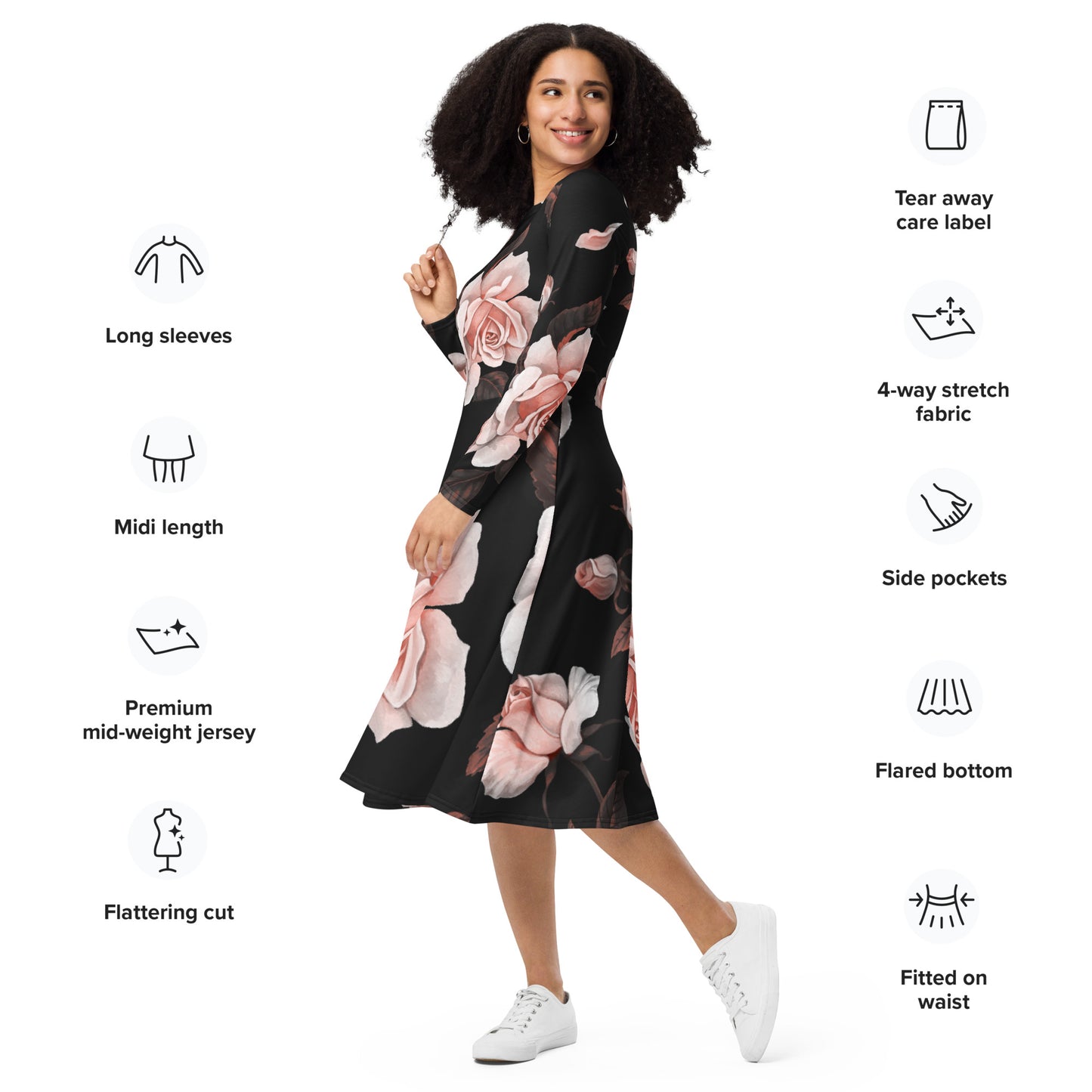All-over print Flower long sleeve midi dress