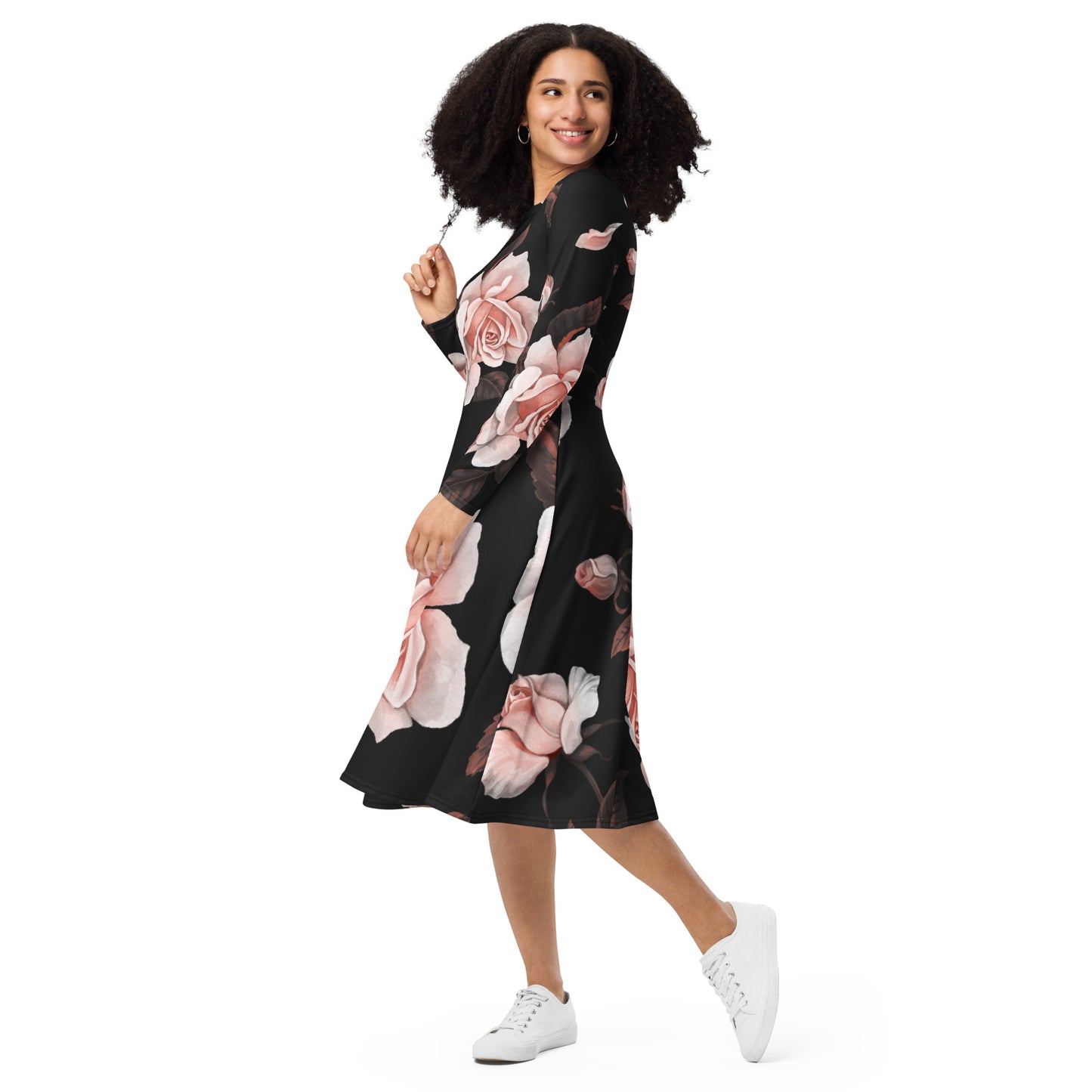 All-over print Flower long sleeve midi dress