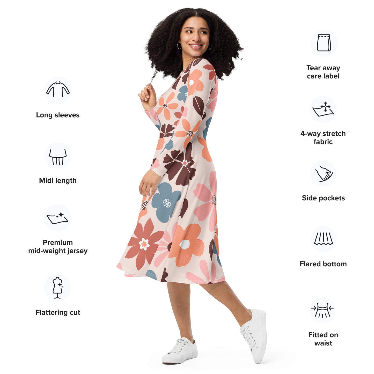 All-over print Floral Patern long sleeve midi dress$41.00