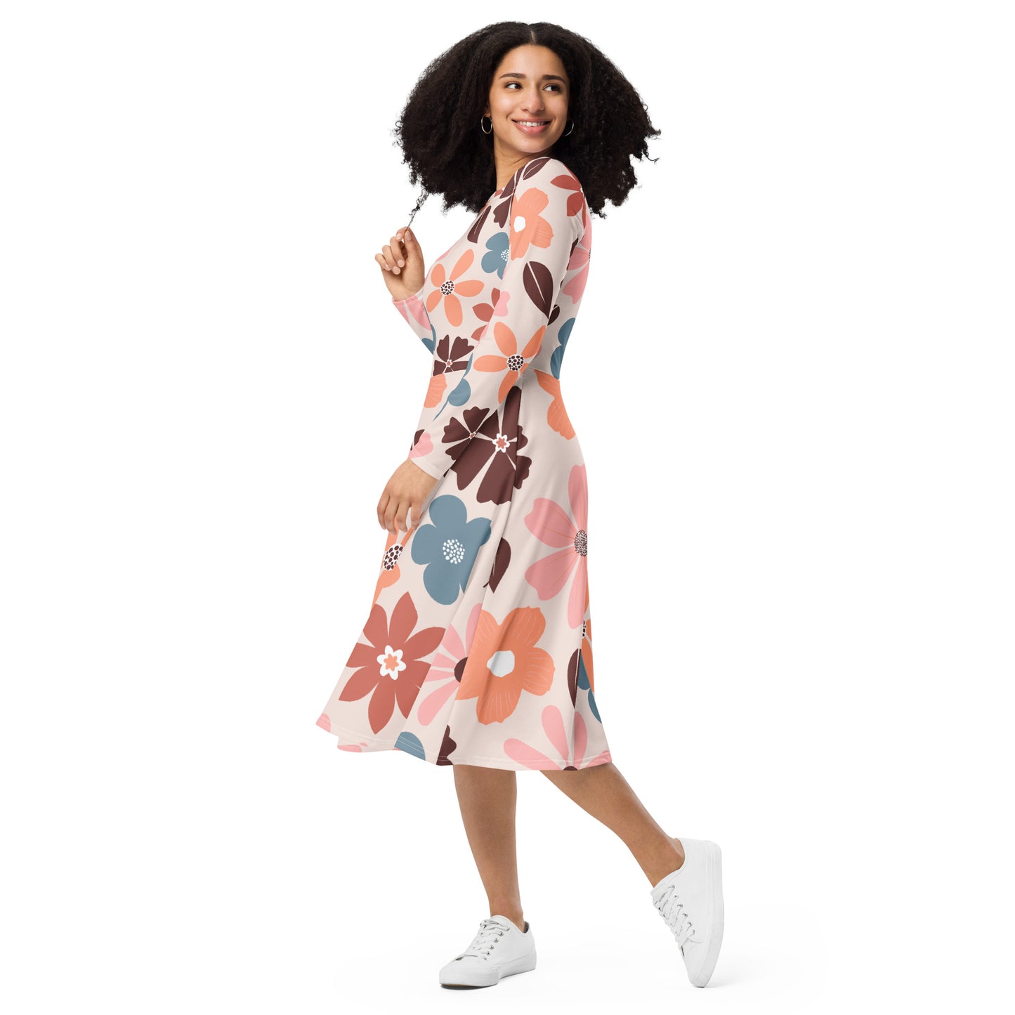 All-over print Floral Patern long sleeve midi dress$41.00