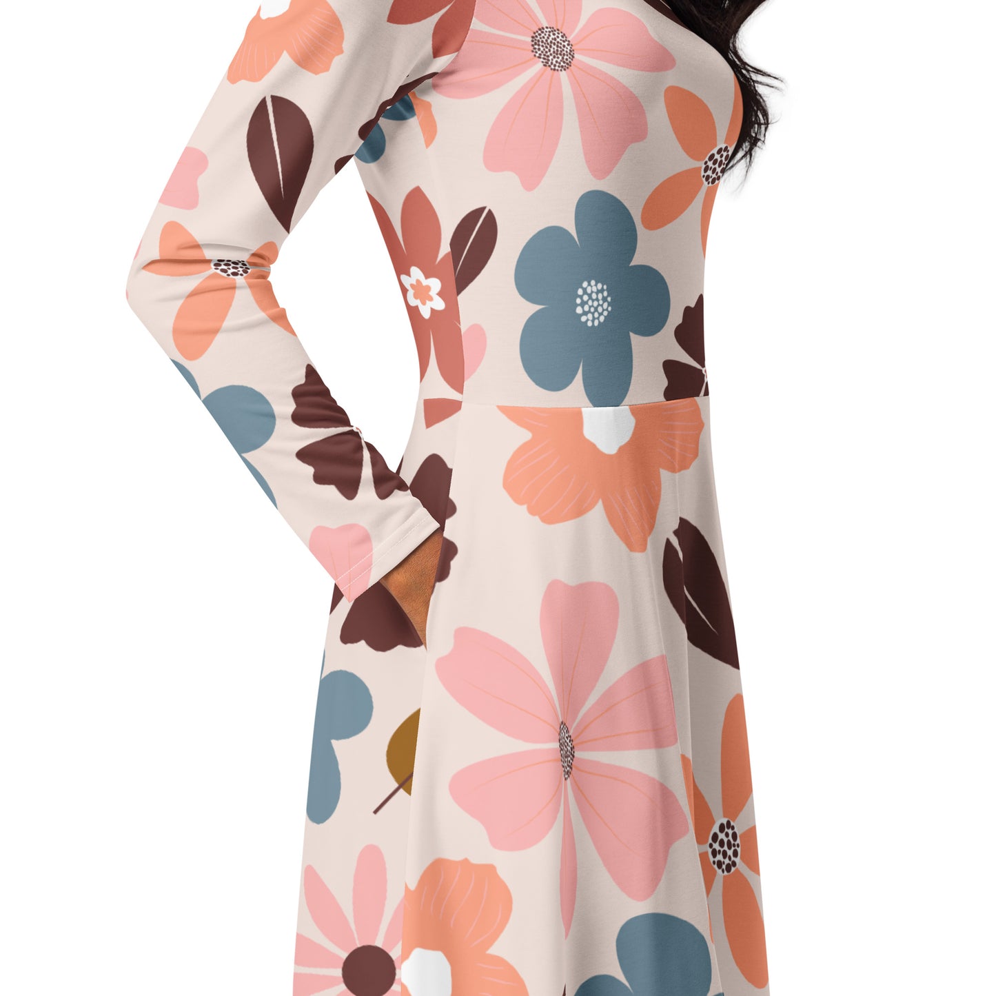 All-over print Floral Patern long sleeve midi dress$41.00