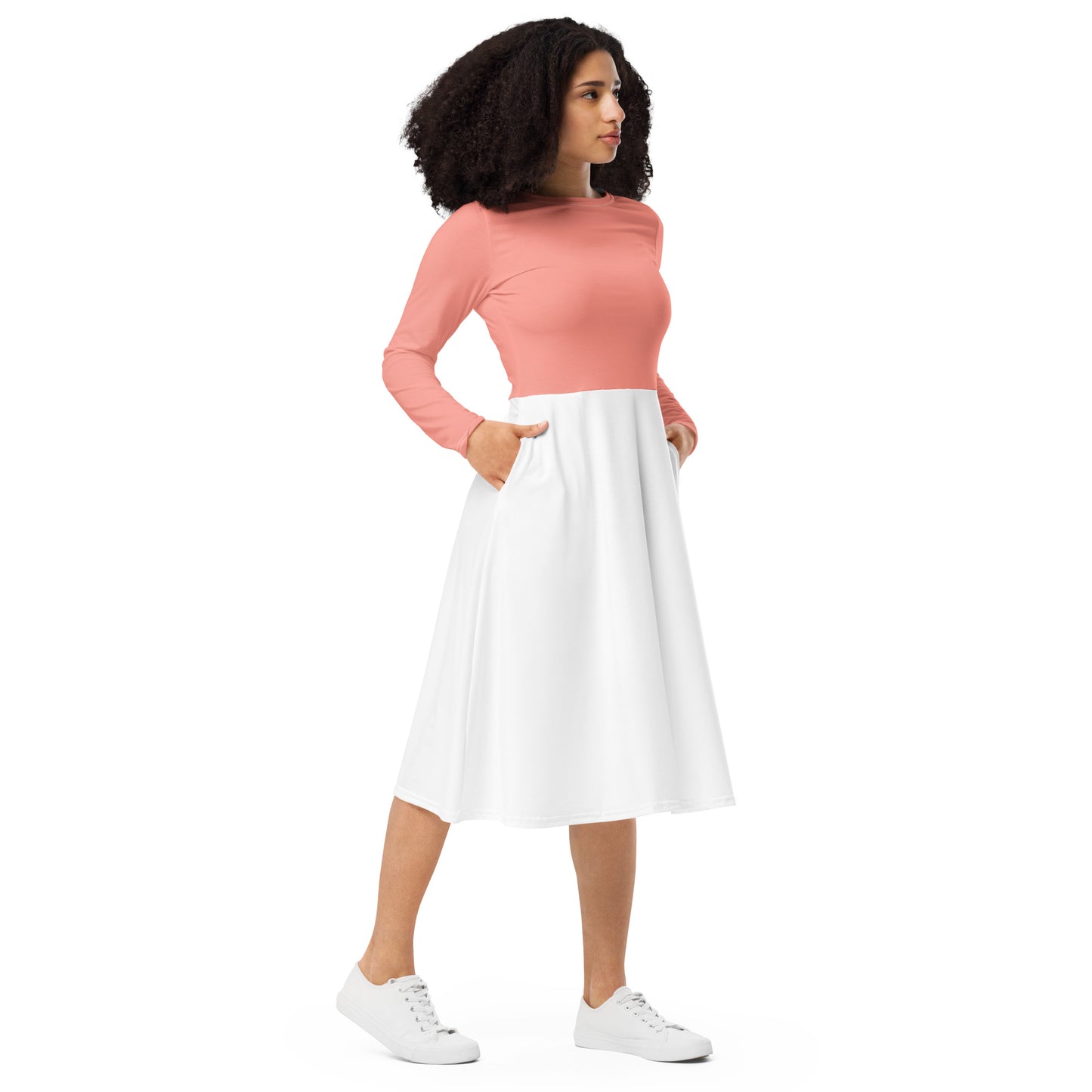 Pink-White All-over print long sleeve midi dress