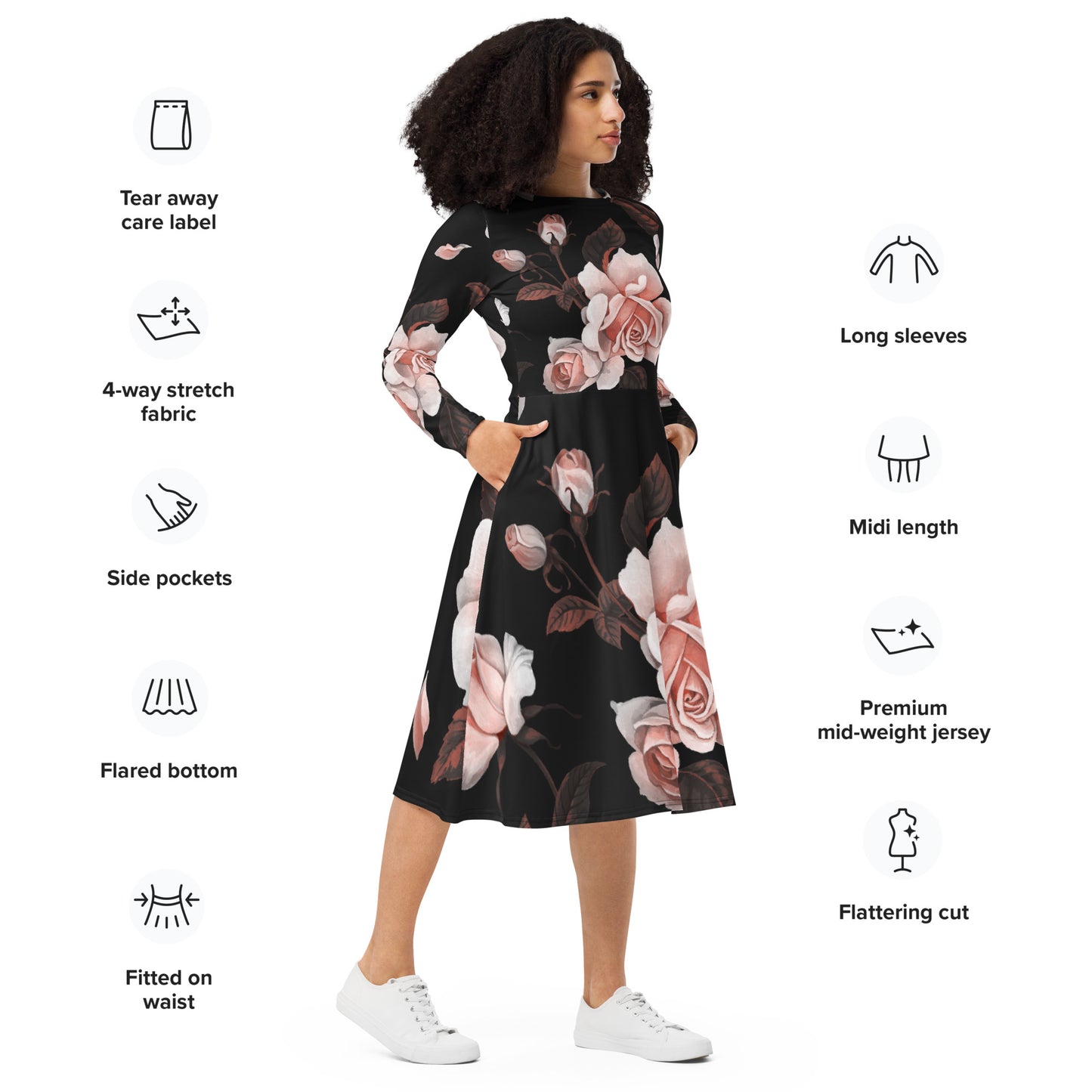 All-over print Flower long sleeve midi dress