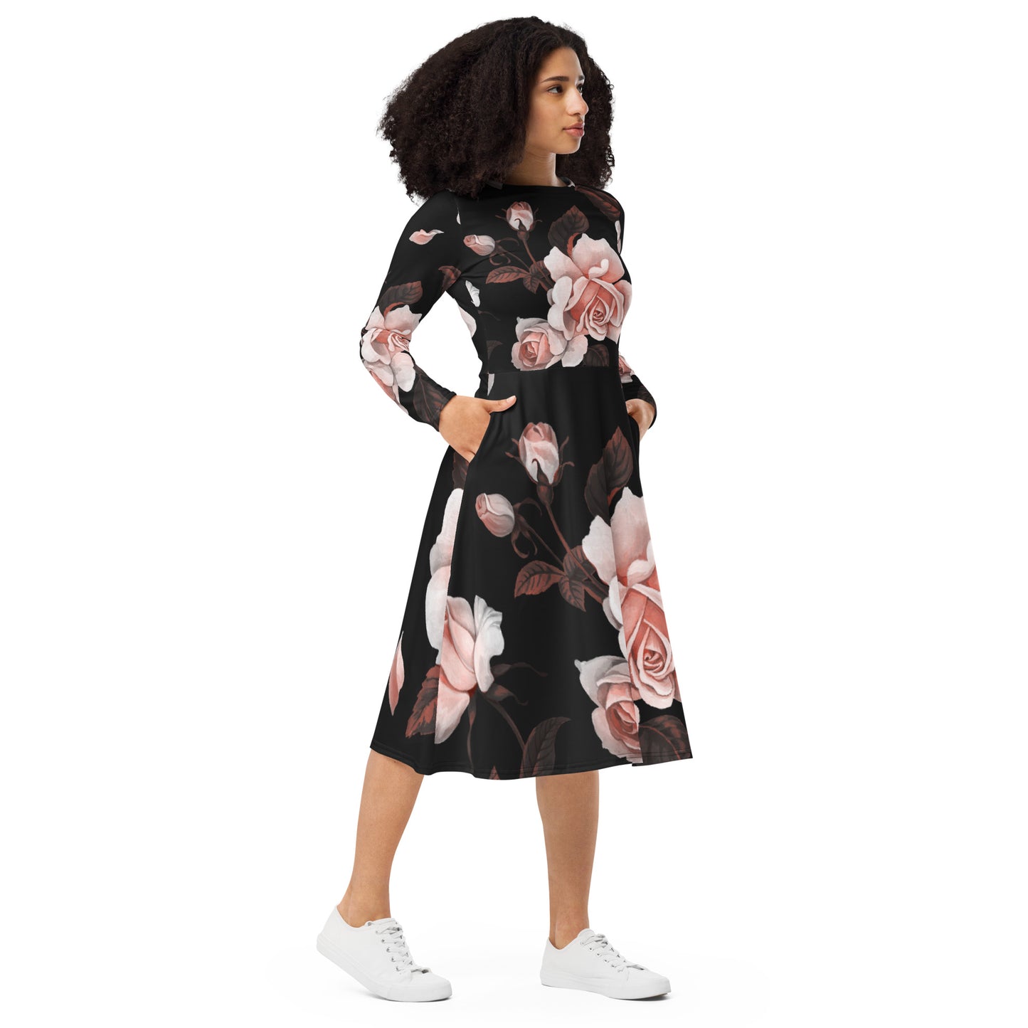 All-over print Flower long sleeve midi dress