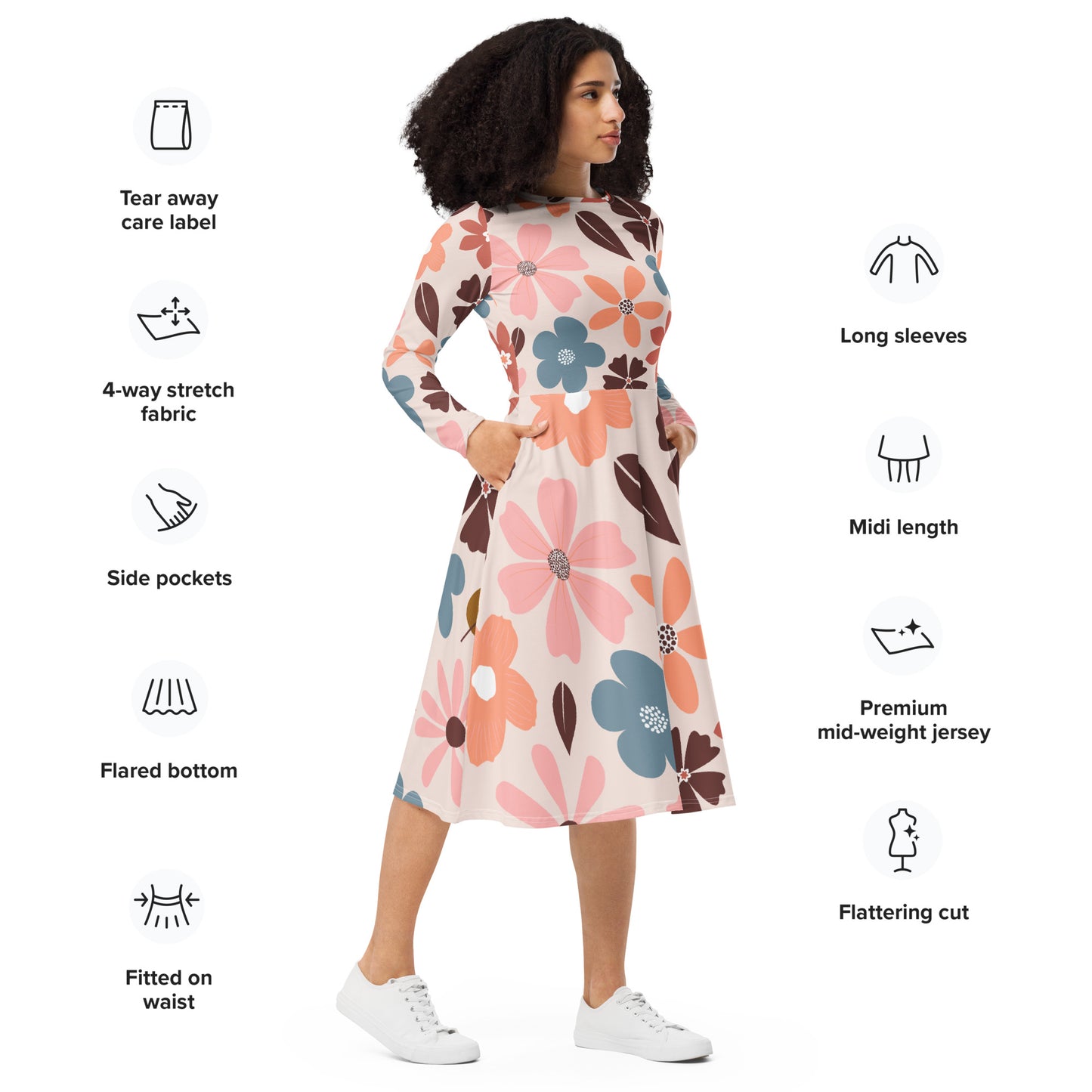 All-over print Floral Patern long sleeve midi dress$41.00
