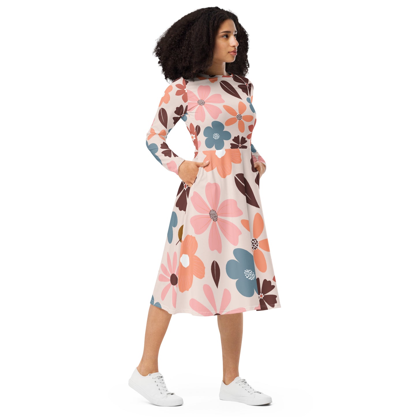 All-over print Floral Patern long sleeve midi dress$41.00