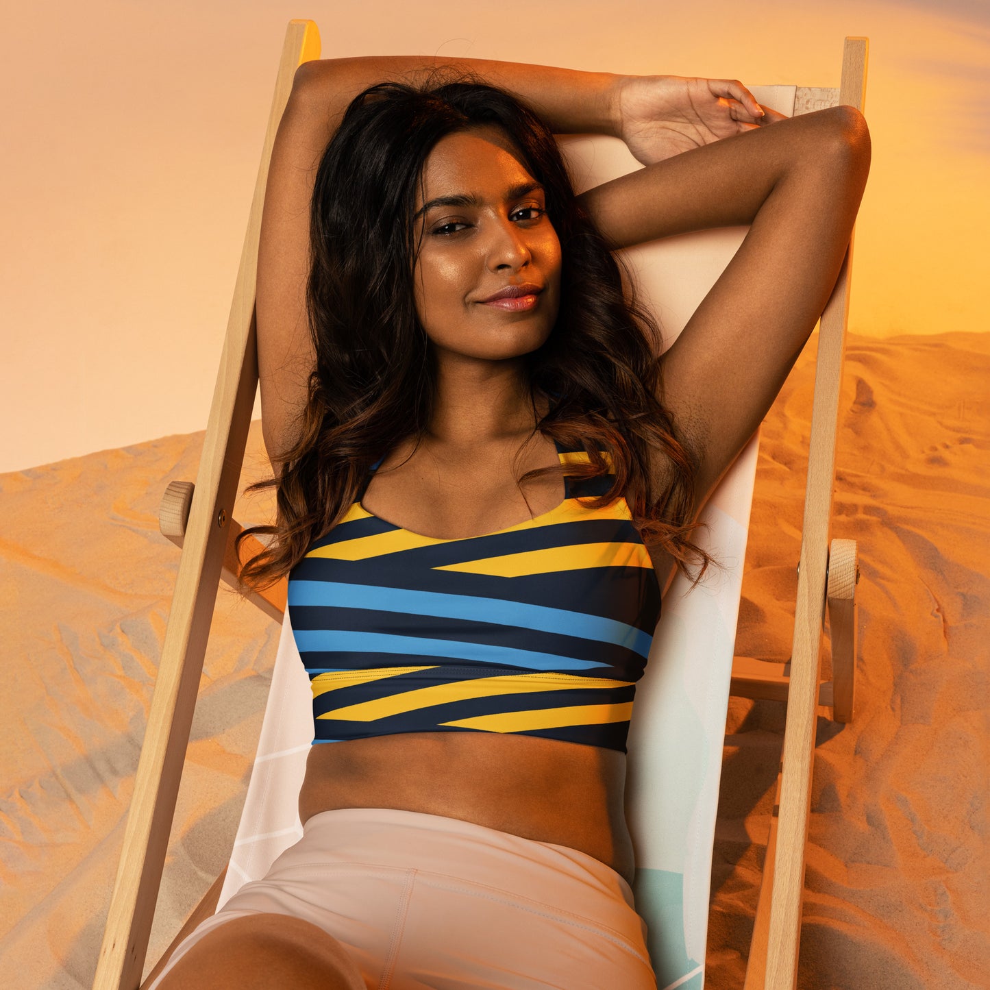 Blue and yellow stripes Longline sports bra