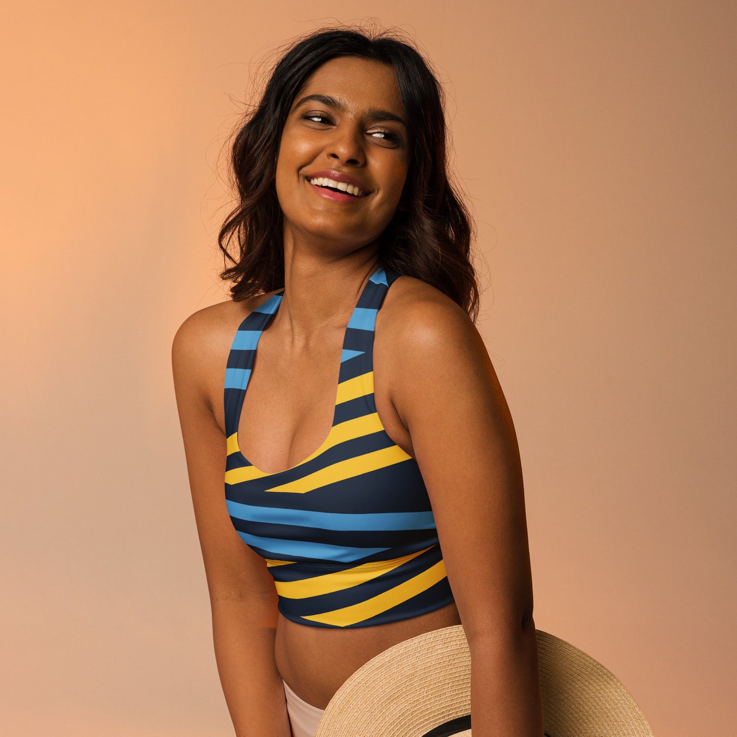 Blue and yellow stripes Longline sports bra