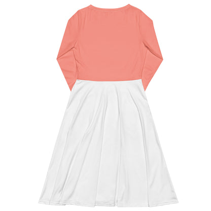 Pink-White All-over print long sleeve midi dress