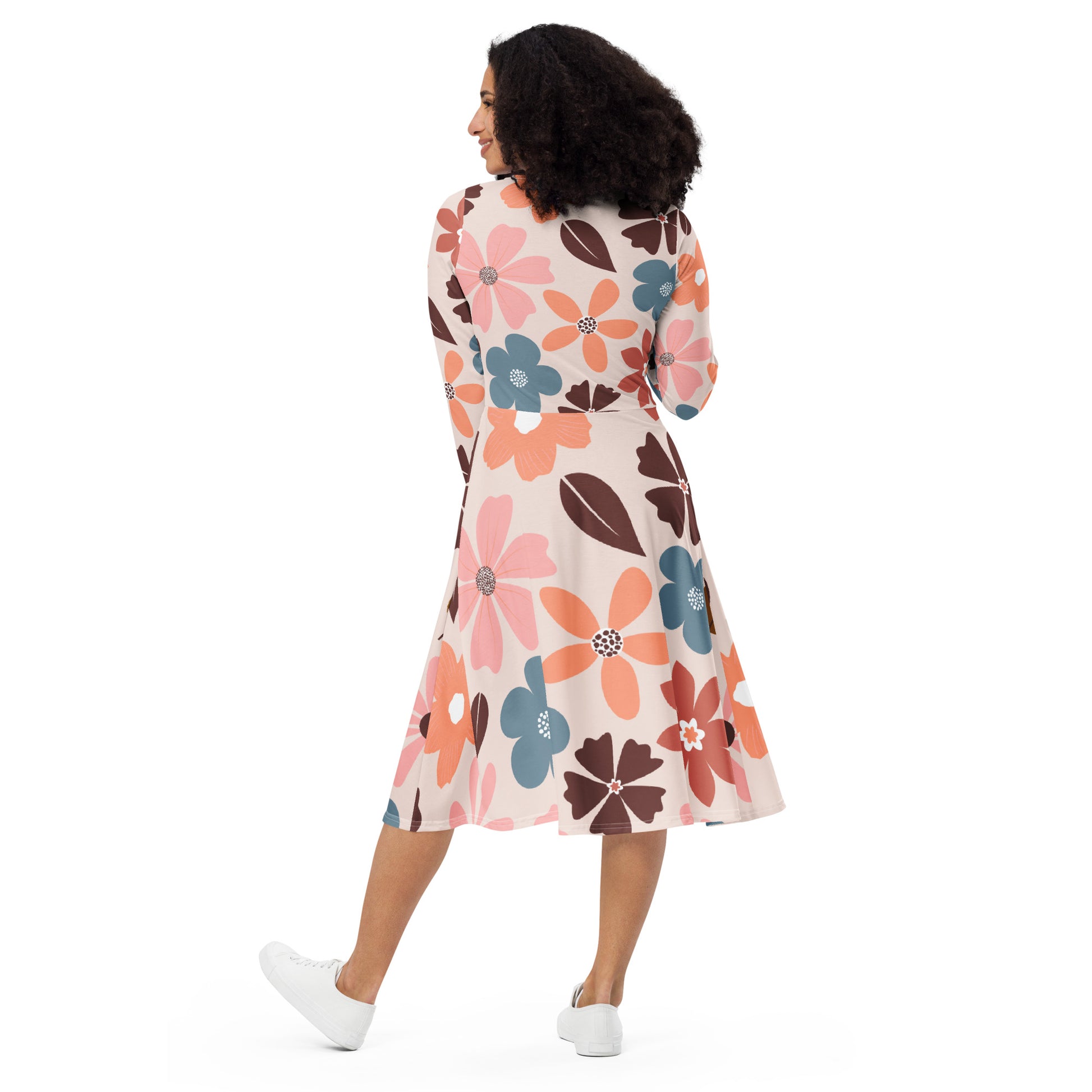 All-over print Floral Patern long sleeve midi dress$41.00
