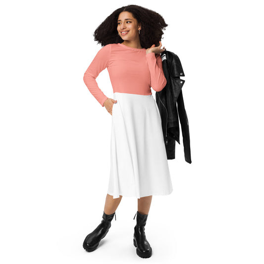 Pink-White All-over print long sleeve midi dress