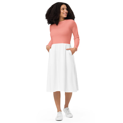 Pink-White All-over print long sleeve midi dress