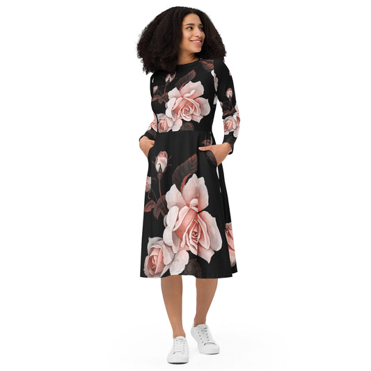 All-over print Flower long sleeve midi dress