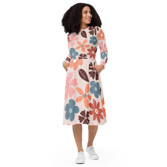 All-over print Floral Patern long sleeve midi dress$41.00