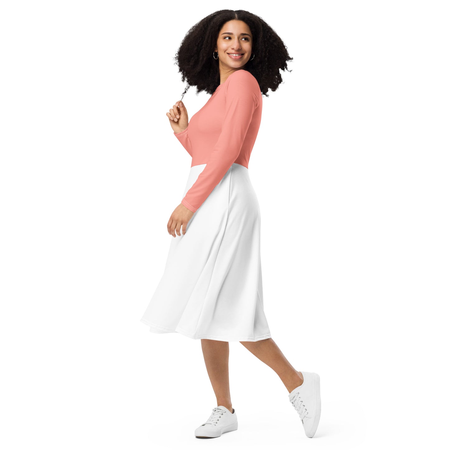 Pink-White All-over print long sleeve midi dress