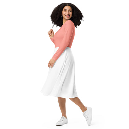 Pink-White All-over print long sleeve midi dress