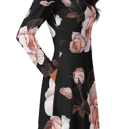 All-over print Flower long sleeve midi dress
