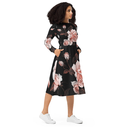 All-over print Flower long sleeve midi dress