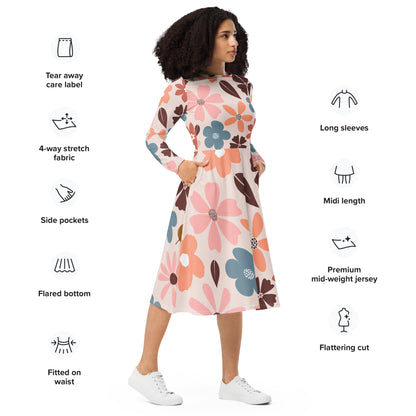 All-over print Floral Patern long sleeve midi dress$41.00