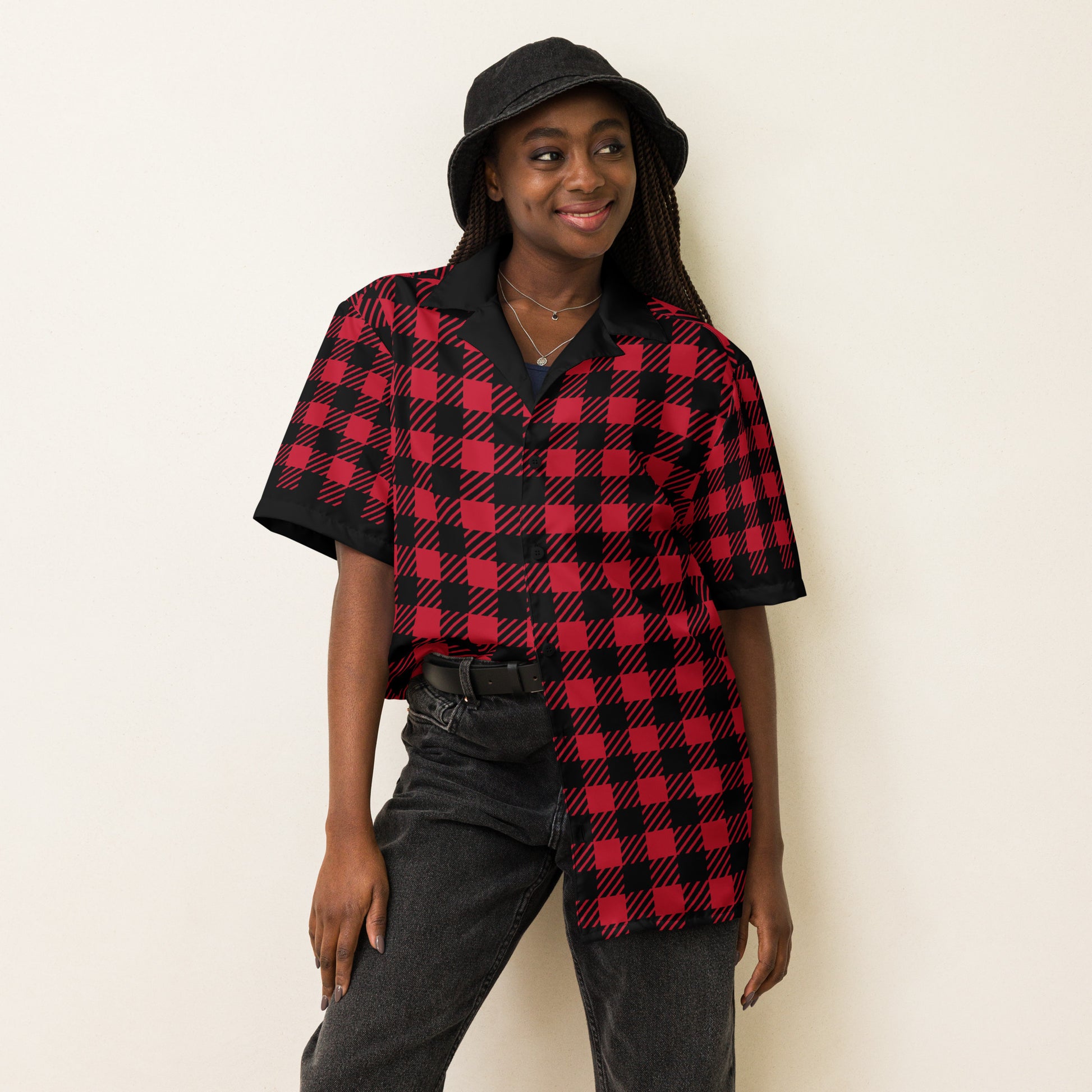 Red Plaid Unisex button shirt$38.95