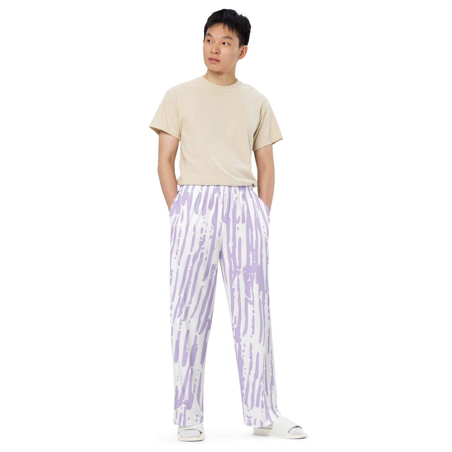 Pink/White All-over print unisex wide-leg pants