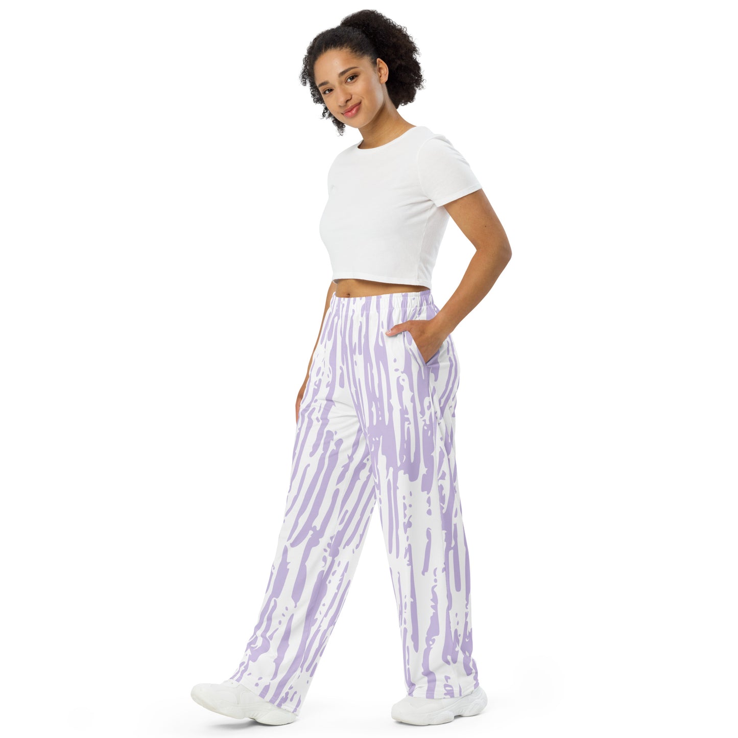 Pink/White All-over print unisex wide-leg pants