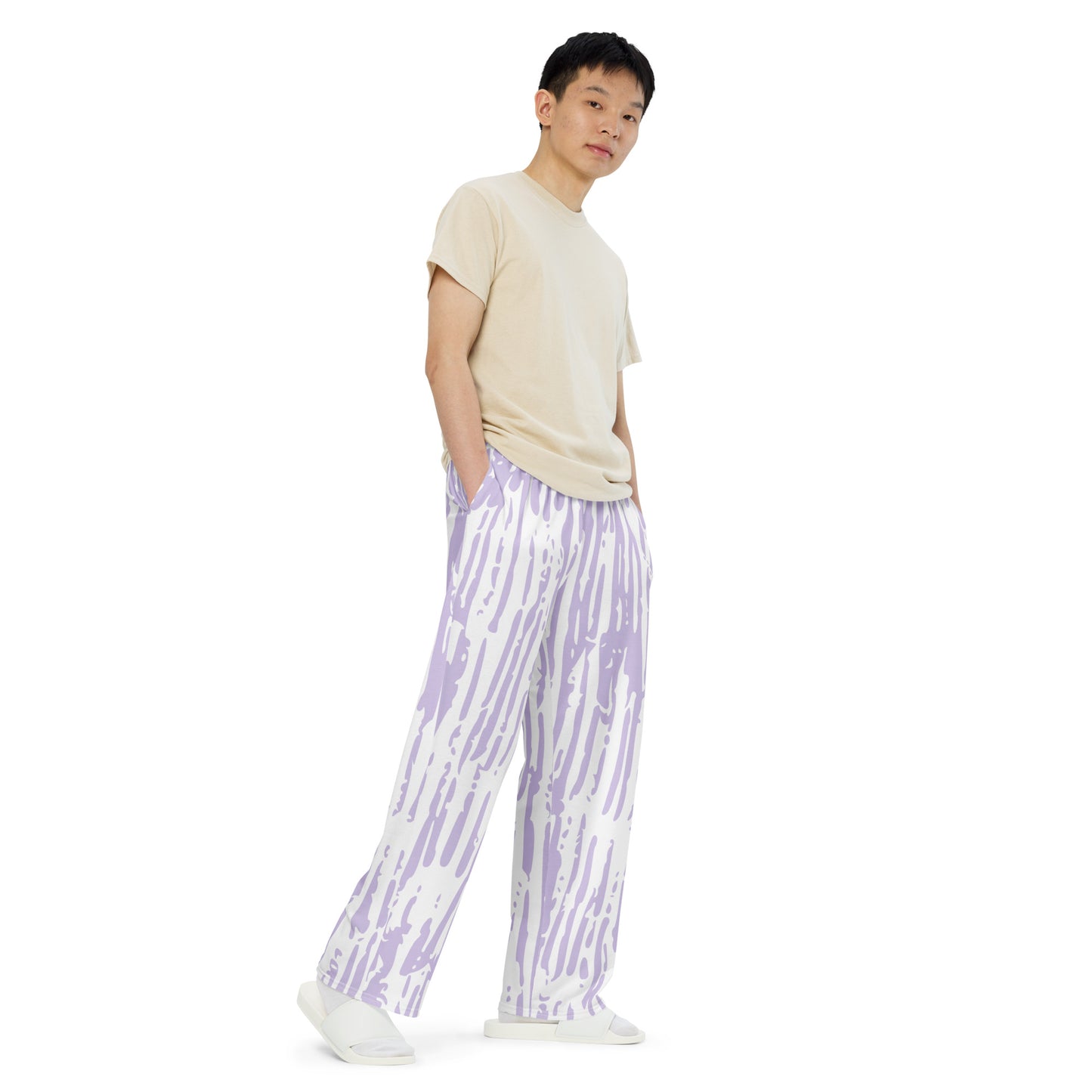 Pink/White All-over print unisex wide-leg pants